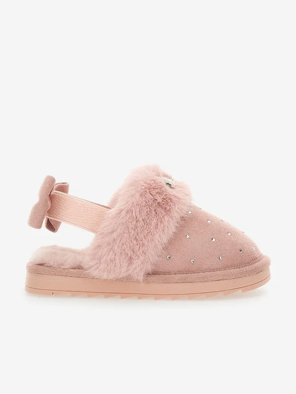 Slip-on slippers for ease -Monnalisa Girls Suede Slippers With Rhinestones in Pink