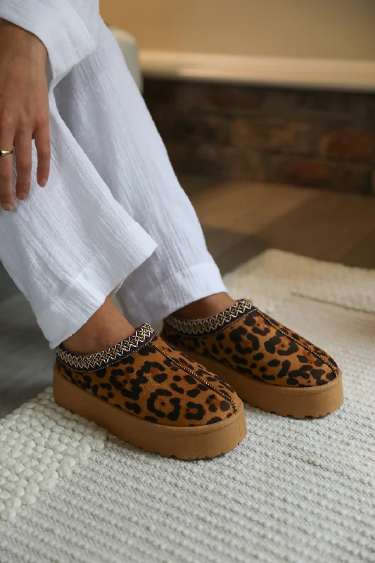 Slippers with neat stitching -ALLEGRA FLATFORM EMBROIDERED LOW ANKLE SLIPPER BOOTS IN LEOPARD SUEDE