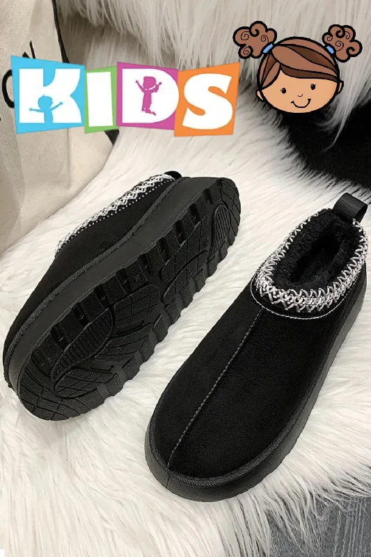 Slippers for home offices -KIDS BLACK EMBROIDED FLUFFY FAUX FUR PLATFORM SLIPPERS 31/36