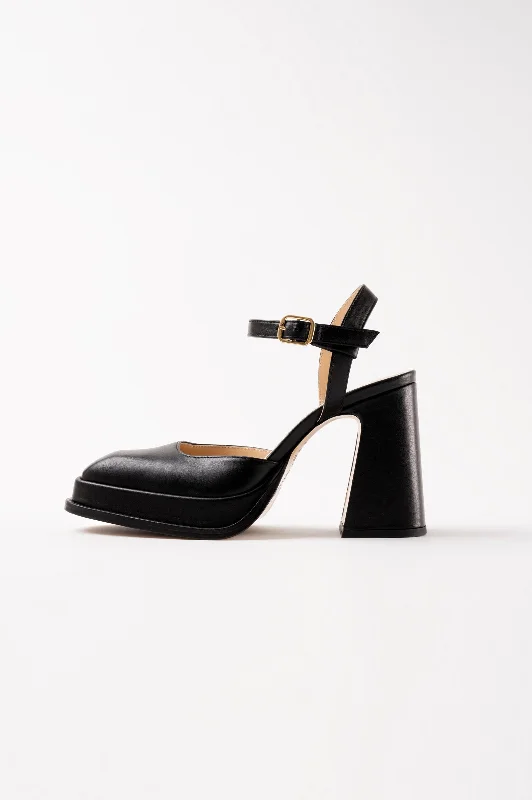 High heels for women with knee ease -MALASANA - Black Leather Platform Pumps