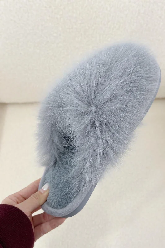 Slippers with solid support -GREY FAUX FUR FLUFFY SLIPPERS