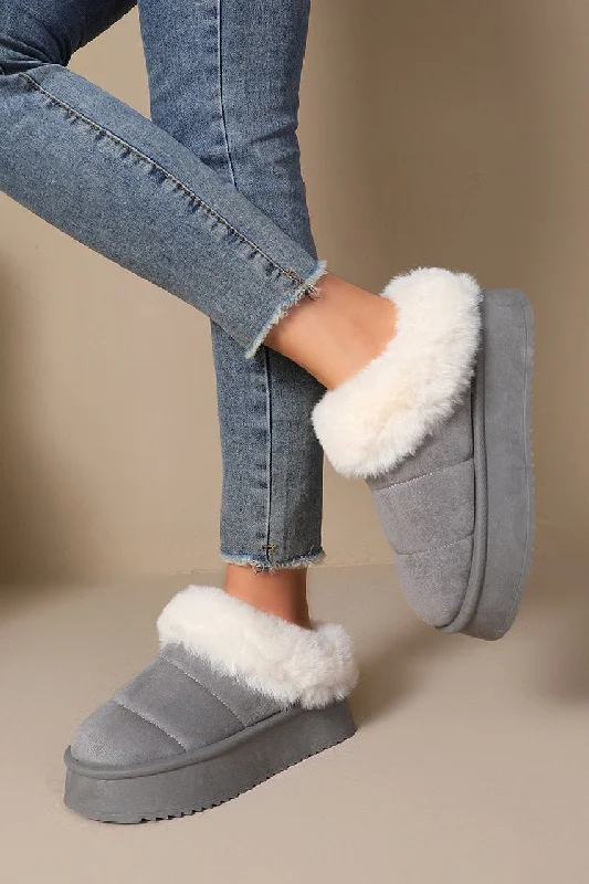 Slippers for chilly days -GREY ULTRA MINI PLATFORM FAUX FUR LINED FLUFFY SLIPPERS