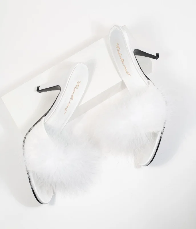 Slippers for indoor crafts -White Marabou Feather Peep Toe Slipper Heel