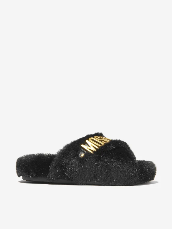 Budget slippers for gift swaps -Moschino Girls Faux Fur Logo Slippers