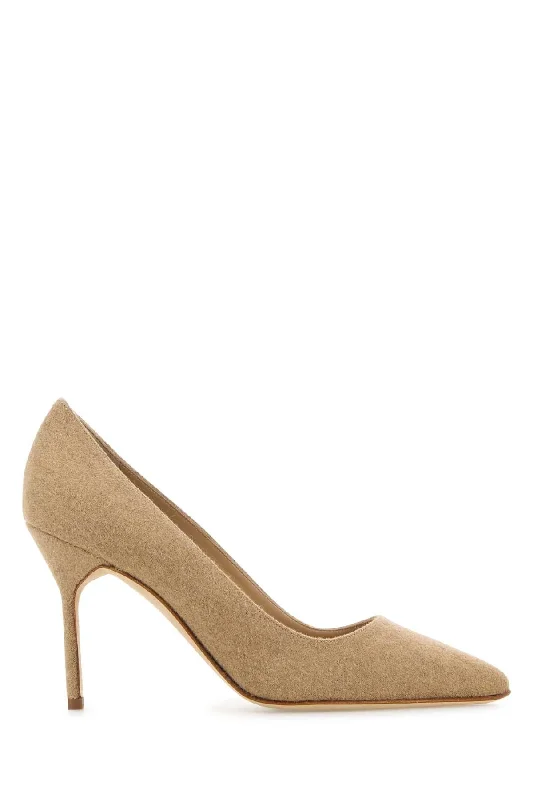 High heels with airy mesh uppers -MANOLO BLAHNIK Elegant Beige Fabric BB Pumps - 9 cm Heel Height