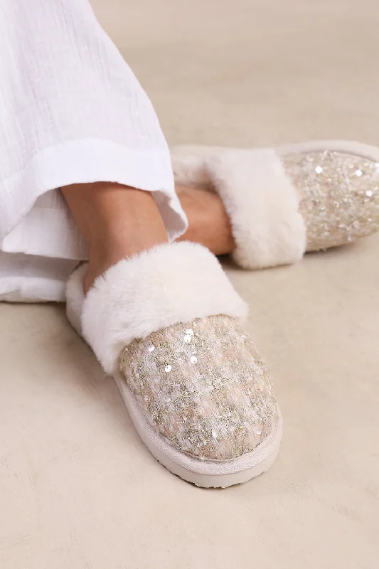 Slippers for mini rests -COZY SLIP ON SEQUIN SLIPPERS WITH FUR TRIM IN BEIGE