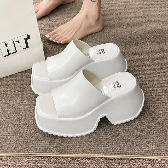 Custom-made slippers online order -Retro Platform Slides for Women, Stylish Heeled Slippers, White Glossy Creeper Heels, Pink Peep Toe Platform Pumps, Square Toe Shoes